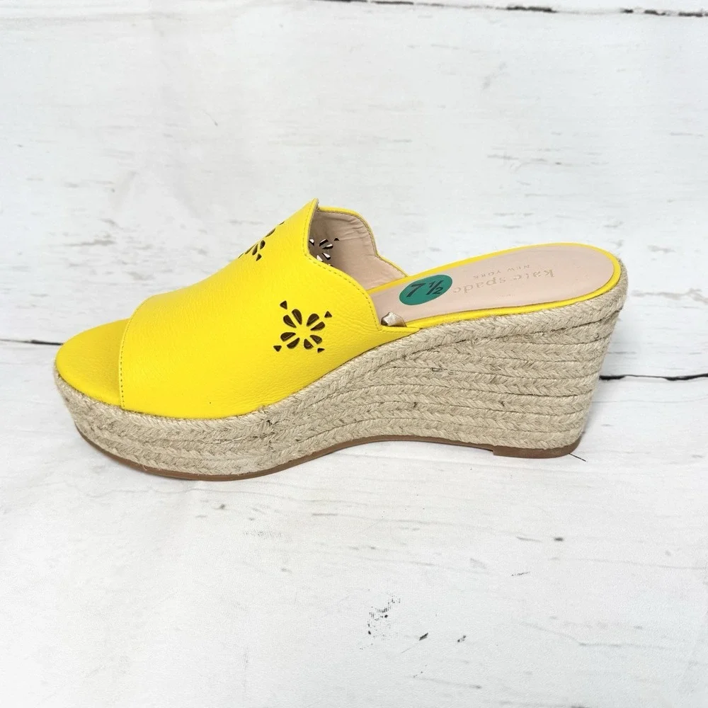 Kate Spade Shoes Women's 7.5 Yellow Wedge Espadrille Sandals Leather Platform
